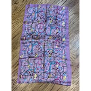 Vintage 100% Silk Scarf Pink Purple‎ Plaid Equestrian Print Reins Chains Horses